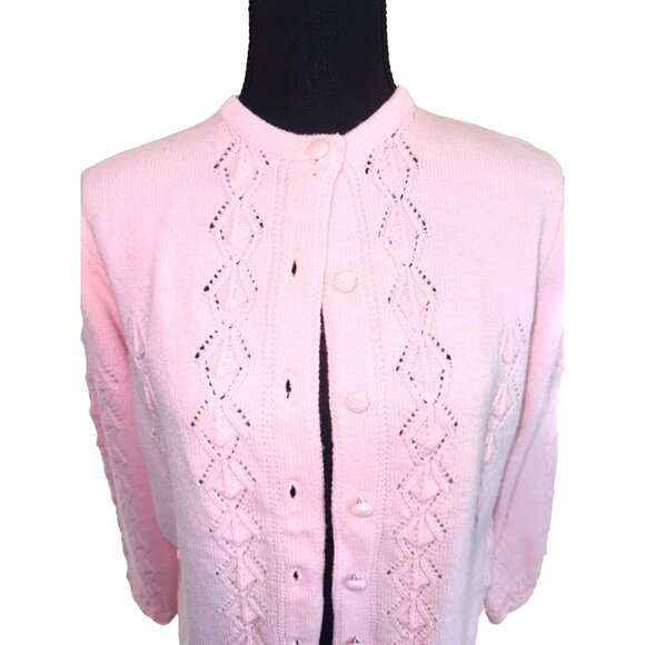 Vintage Sidney Gould Pink Cable Knit Cardigan Sweater Crochet Preppy Cottage S - Picture 3 of 11